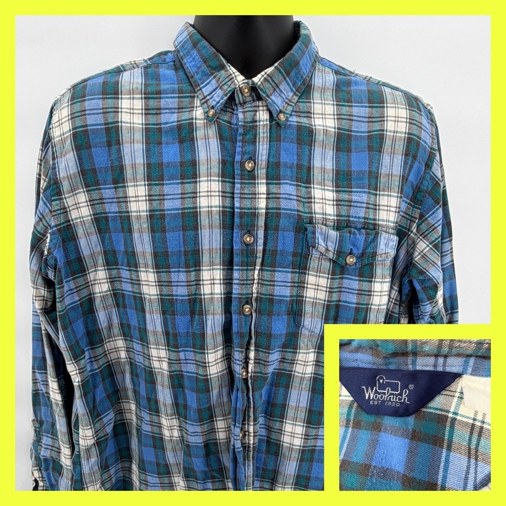 Woolrich Flannel Shirt Mens XL Blue Teal Plaid Button Down Long Sleeve Cotton
